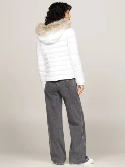 Damen Daunenjacke mit Kapuze und Kunstpelzbesatz Slim Fit