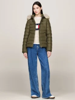 Damen Daunenjacke mit Kapuze und Kunstpelzbesatz Slim Fit