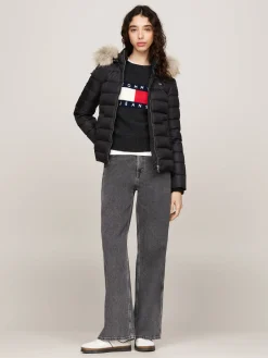 Damen Daunenjacke mit Kapuze und Kunstpelzbesatz Slim Fit