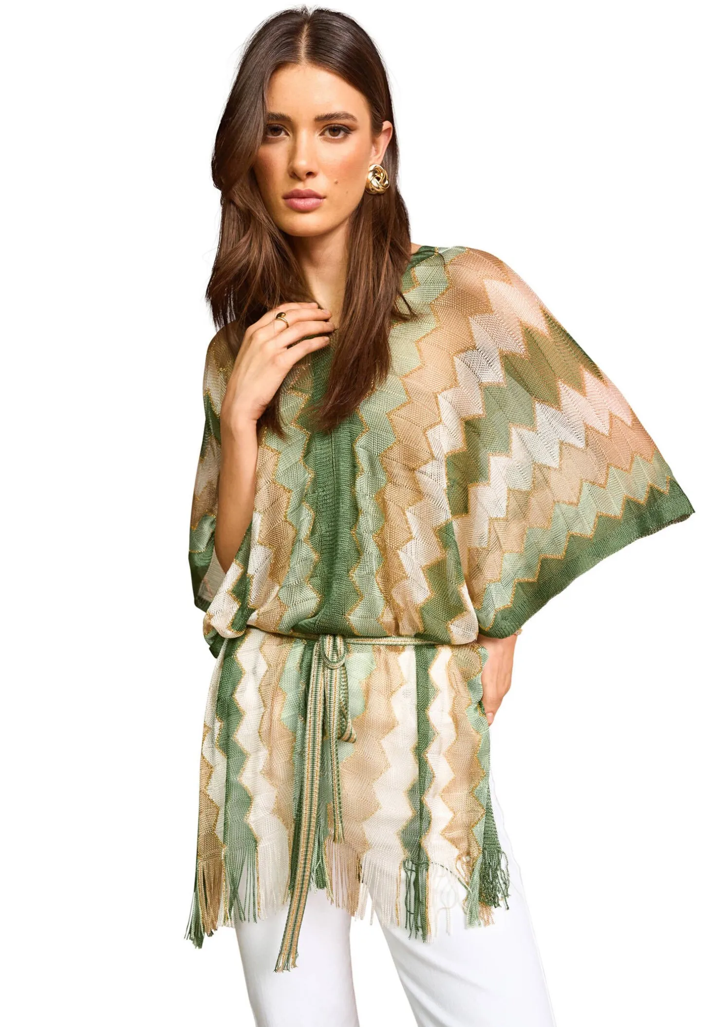 Damen Poncho mit Fransen und Taillengürtel