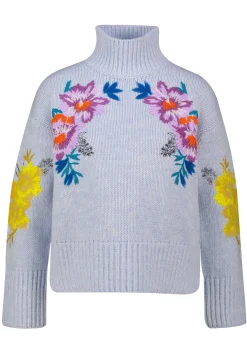 Damen Strickpullover aus Schurwoll-Kaschmir-Mix mit Blumenstickerei