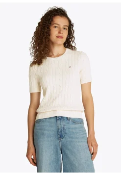 Damen Strickpullover COTTON MINI CABLE Slim Fit Kurzarm