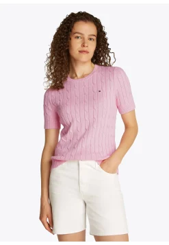 Damen Strickpullover COTTON MINI CABLE Slim Fit Kurzarm