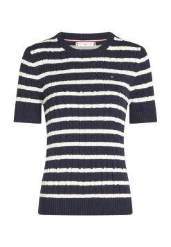 Damen Strickpullover COTTON MINI CABLE Slim Fit Kurzarm