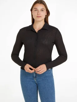 Damen Stricktop SHEER RIB BUTTON DOWN SHIRT Langarm