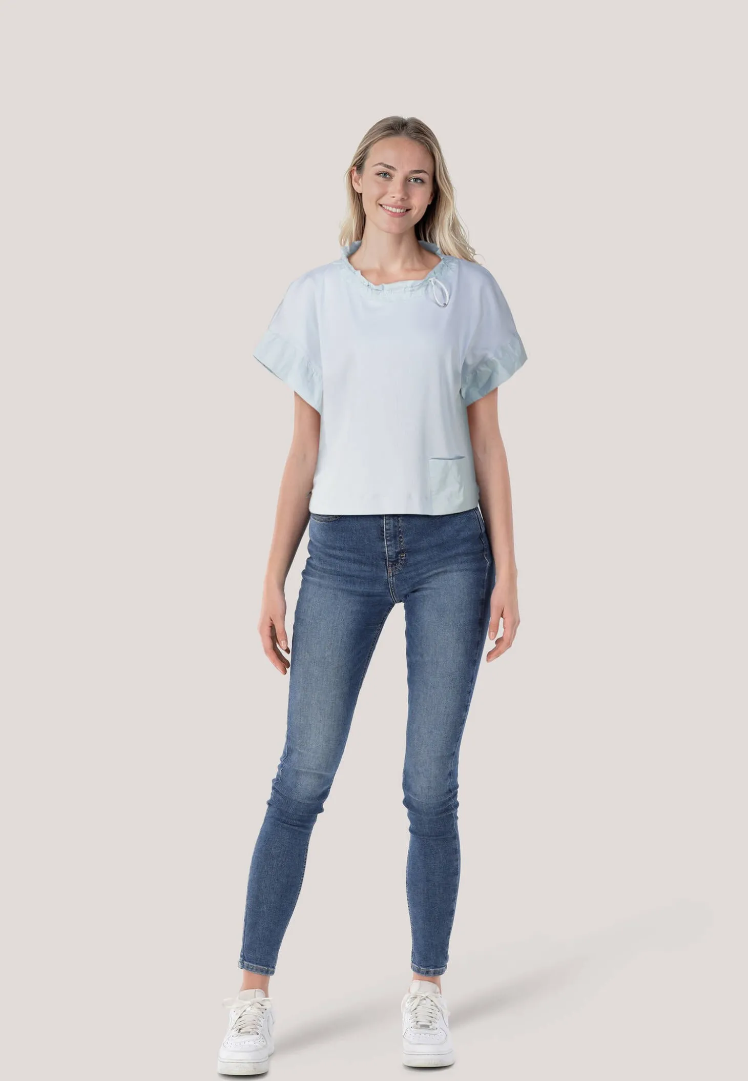 Damen T-Shirt mit Kordelzug und Tasche